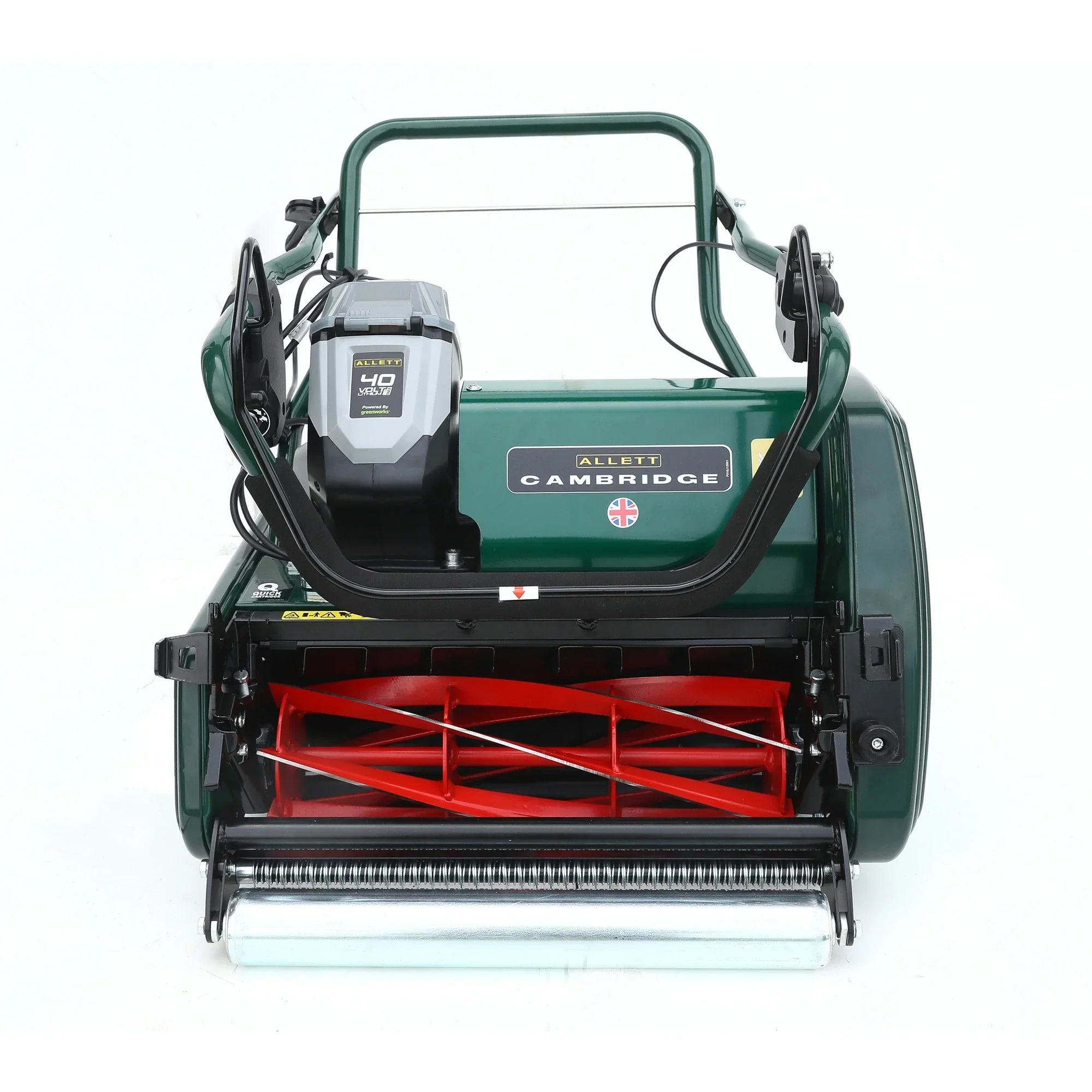 Allett Cambridge 35 battery cylinder mower, front angle