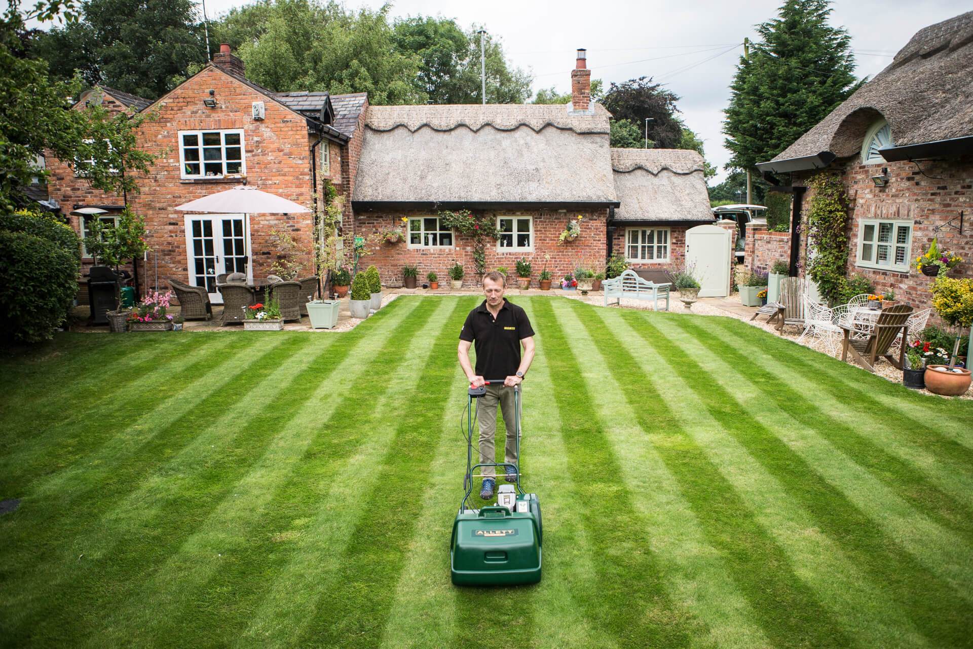 Allett Liberty 43 striped lawn finish at a country cottage