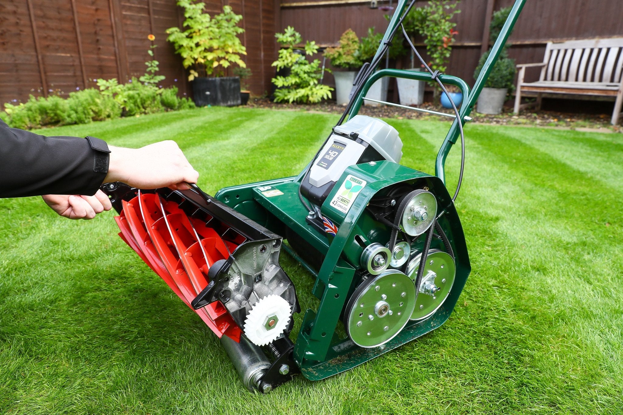 Allett Liberty 43 on a home lawn, cutting cylinder shown