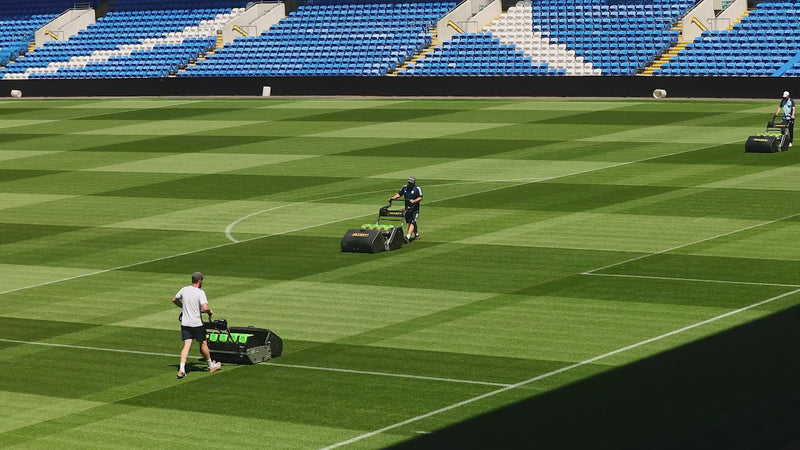 Allett Mowers cutting grass and laws on professional sports pitches and home gardens.